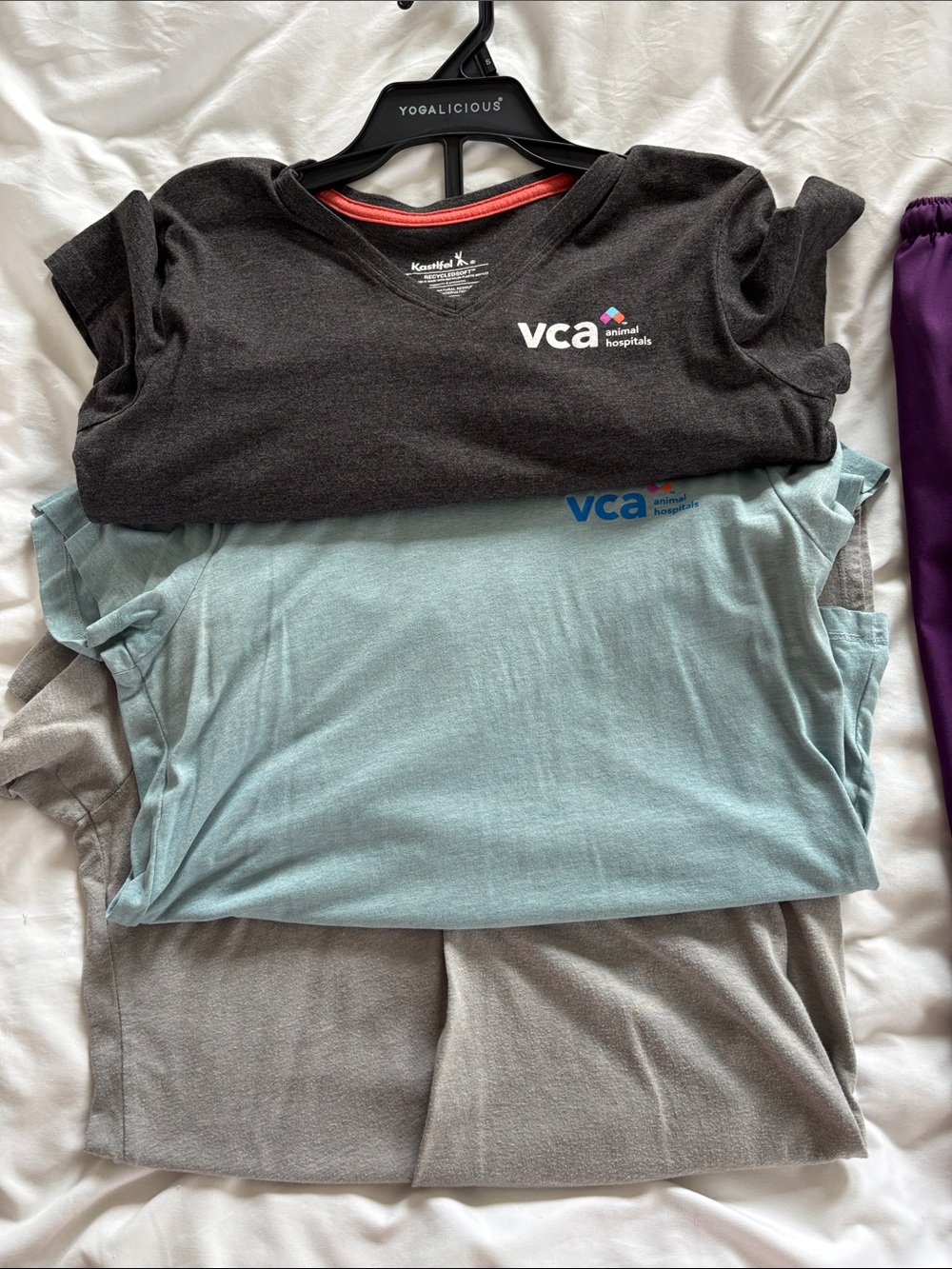 Yogalicious VCA Logo Scrub Tops in Charcoal, Seafoam, and Gray